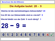 Aufgabenbild Therapiemodul Rechnen 01: Subtraktion mit Zehnerüberschreitung B